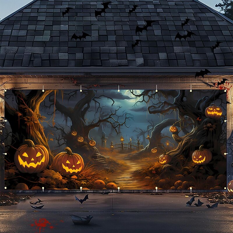 Halloween Garage Door Cover Large Hanging Backdrop Pumpkin Cemetery Tree Dark Punk Gothic Style Party Outdoor Shooting Backgrounds Yard Haunted House Home Decor3