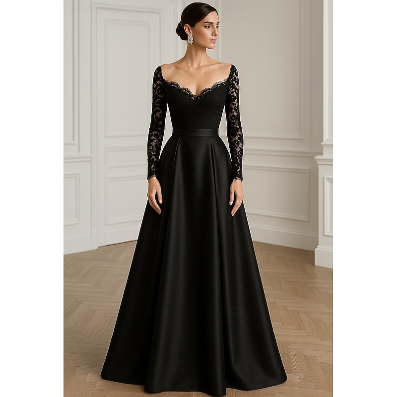 Black A-Line Evening Gown Elegant Formal Dress Formal Wedding Floor Length Long Sleeve V Neck Pocket Satin with Glitter 2025