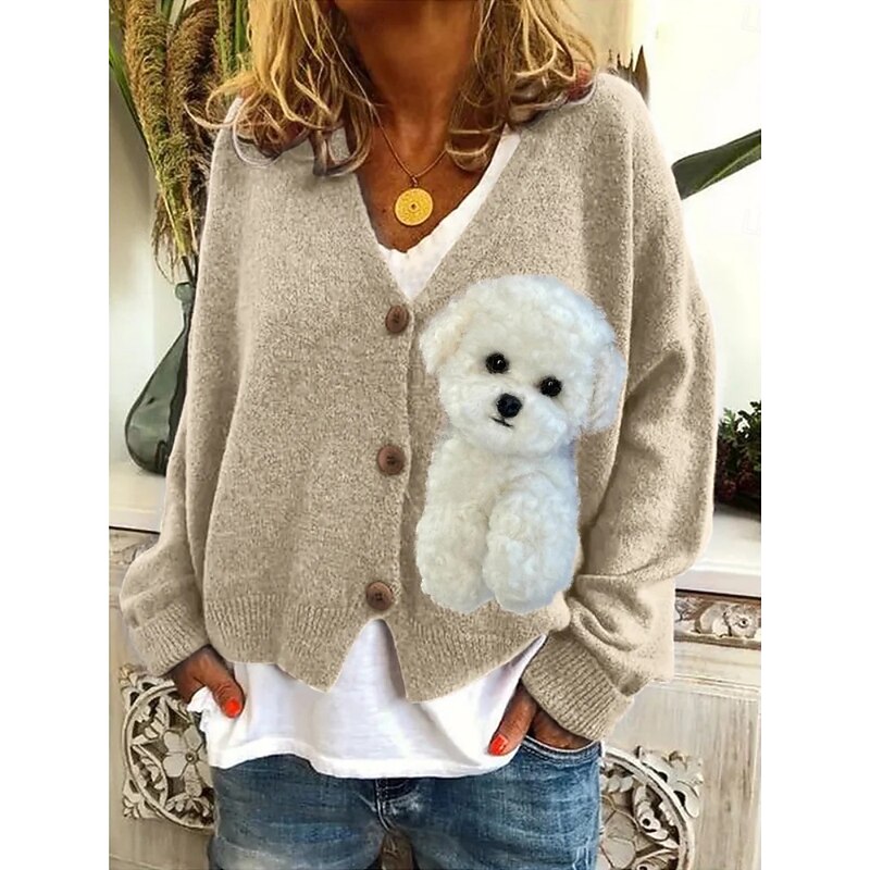 Women's Sweater Cardigan Casual Soft Animal Ribbed V Neck Knitted Long Sleeve Regular Tops Knit Christmas Outdoor Daily Pink Khaki Fall Winter