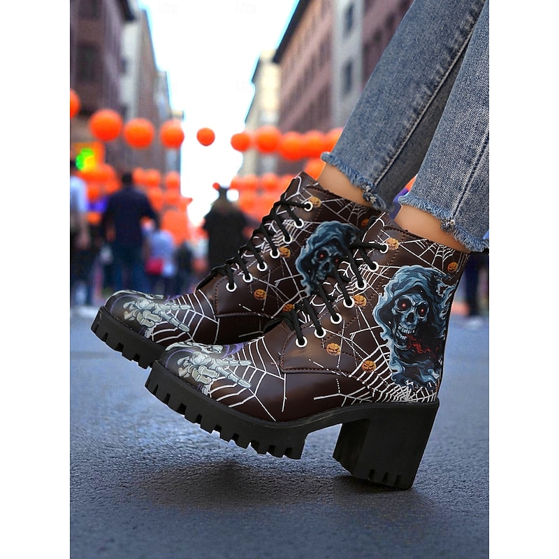 Women's Halloween Skull Spider Web Gothic Ankle Boots – Chunky Heel Lace-Up Faux Leather Shoes for Spooky Parties and Cosplay