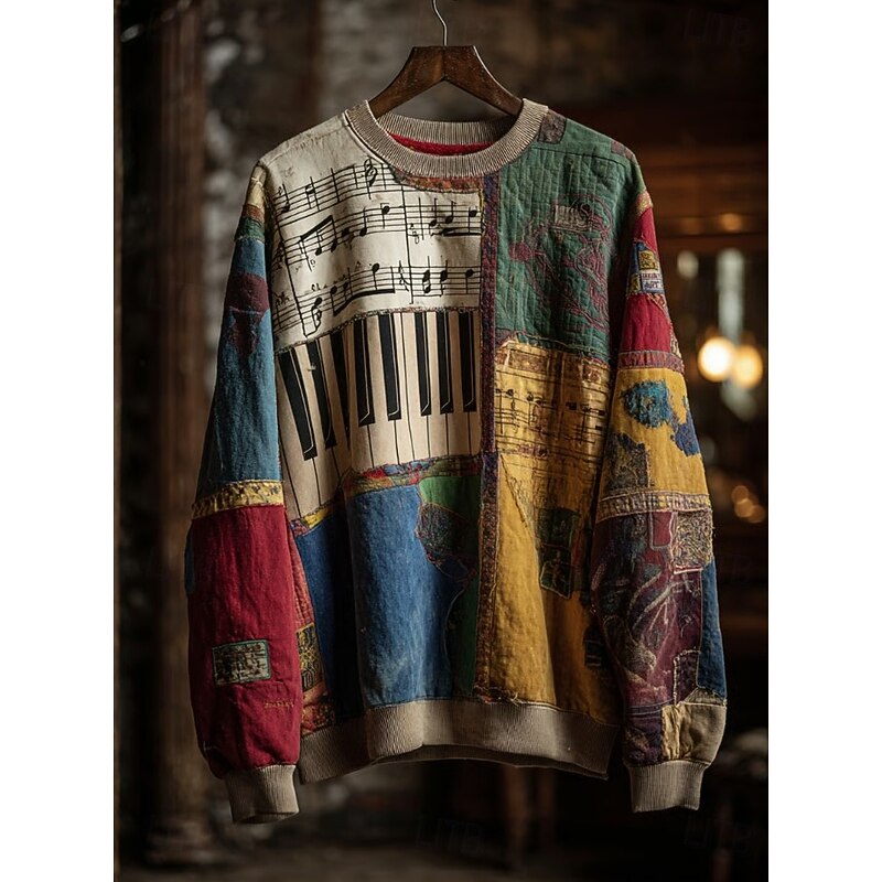 Women's Piano Music Sweatshirt Graphic Striped Abstract Casual Long Sleeve Crew Neck Regular Tops Home Work Street Patchwork Yellow Light Green Red Blue Orange Spring Fall Winter