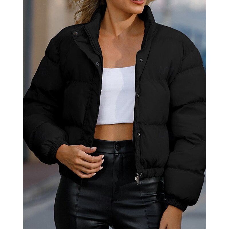 Women's Winter Coat Quilted Jacket Warm Comfortable Zipper Pocket Casual Plain Vacation Daily Wear Going out Weekend Short Stand Collar Loose Fit Long Sleeve Outerwear Black Yellow Wine Fall Winter2