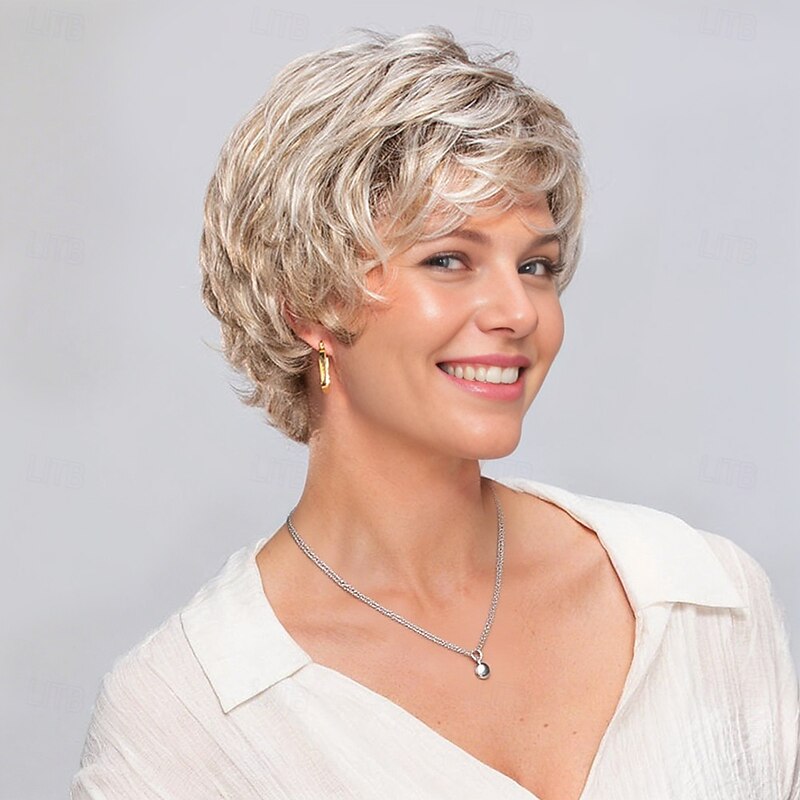 Women’s Silver Blonde Mix Short Layered Wig with Bangs Natural Looking Realistic Synthetic Hair Heat Resistant Elegant Daily Wear Fashion Style2