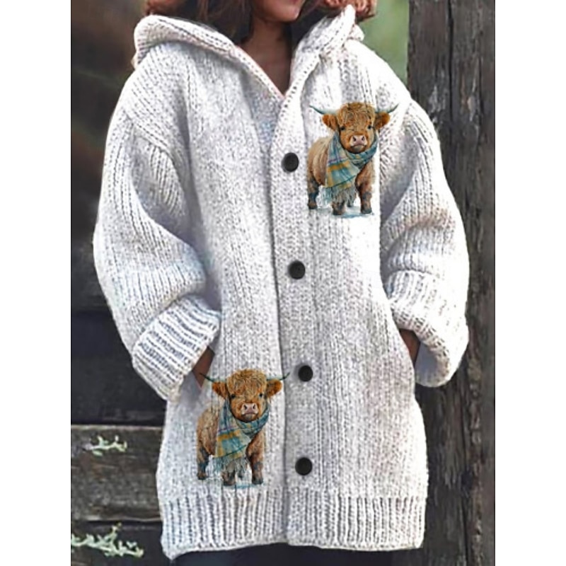 Women's Sweater Cardigan Casual Soft Graphic Ribbed Hooded Pocket Buttons Knitted Long Sleeve Long Tops Knit Outdoor Daily Weekend White Blue Fall Winter2