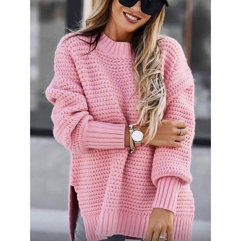Women's Sweater Casual Soft Pure Color Ribbed Crew Neck Knitted Textured Long Sleeve Regular Tops Knit Outdoor Daily Weekend Black Pink Fall Winter