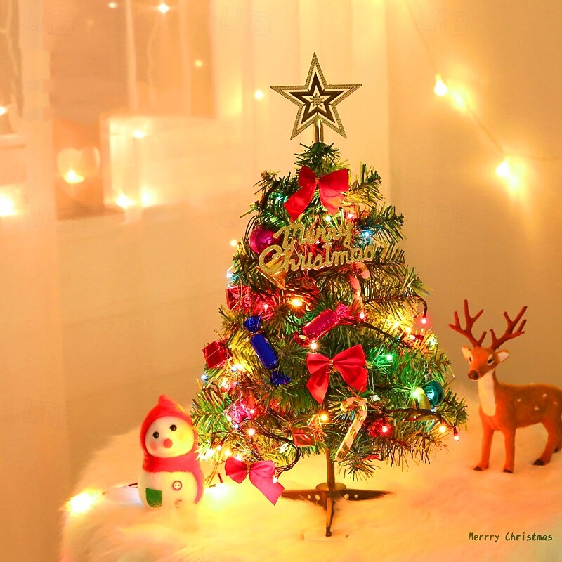 Tabletop Christmas Tree with Lights, 30/45cm Mini Artificial Christmas Tree with LED String Lights and Ornaments