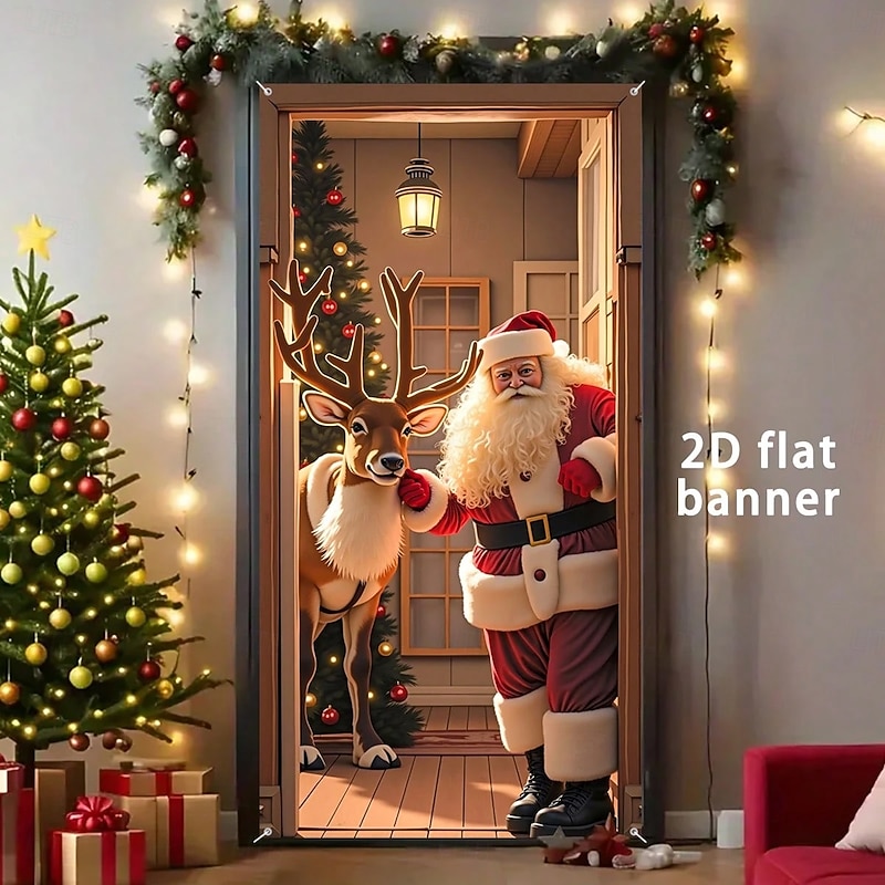 Christmas Door Cover Winter Holiday Decoration Drapes with Santa Claus Reindeer Christmas Tree Print for Cozy Indoor Home Entryway Living Room Bedroom Wall Hanging Festive Home Decor2