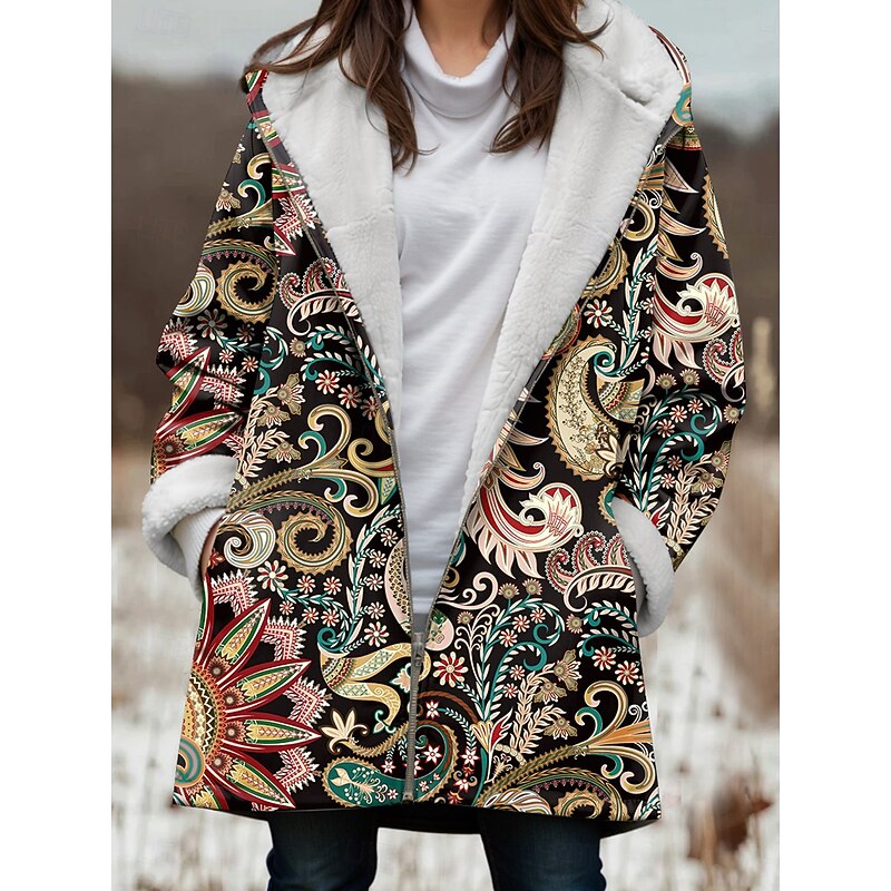 Women's Fleece Jacket Teddy Coat Hoodie Jacket Warm Breathable Zipper Pocket Fleece Lined Casual Floral Vacation Street Casual Daily Wear Zipper Long Hoodie Regular Fit Long Sleeve Outerwear Black3