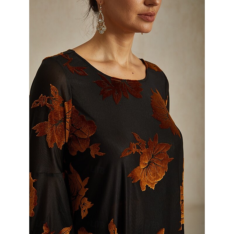 Women's Blouse Dressy Tops Velvet Floral Elegant Stylish Casual Crew Neck Regular Tops Wedding Guest Daily Brown Fall Winter3