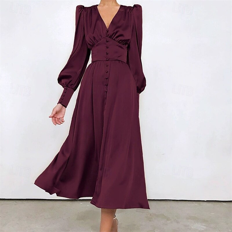 Women's Midi Dress Cocktail Dress Satin Dress Slip Dress Elegant Fashion Modern Outdoor Party Party Evening Wear Regular Fit Plain Long Sleeve V Neck Light Pink Black White Light Green Spring Autumn2
