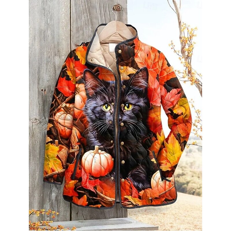 Women's Winter Jacket Puffer Jacket Warm Comfortable Pocket Buttons Print Fashion Daily Outdoor Animal Vacation Casual Daily Single Breasted Regular Stand Collar Regular Fit Long Sleeve Outerwear Red2