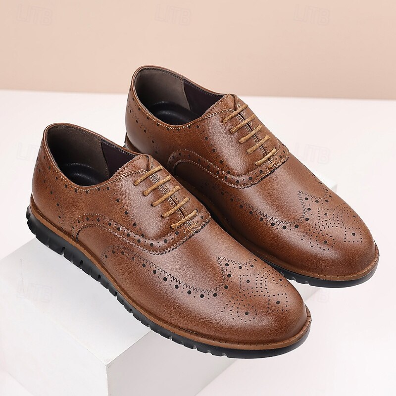 Men's Brown Faux Leather Oxford Shoes – Breathable Lace-Up Dress Shoes with Perforated Detailing for Office and Formal Events4