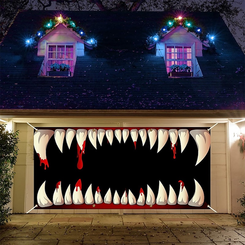 Halloween Tapestry Garage Door Cover Large Hanging Backdrop Bloodstains Mouth 3D Dark Punk Gothic Style Party Outdoor Shooting Backgrounds Yard Haunted House Home Decor