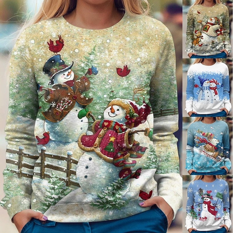 Women's Pullover Sweatshirt Hoodies Graphic Snowman Christmas Fashion Casual Long Sleeve Crew Neck Regular Tops Street Dailywear Casual Print Denim Blue Grass Green Navy Blue Blue Green Fall Winter