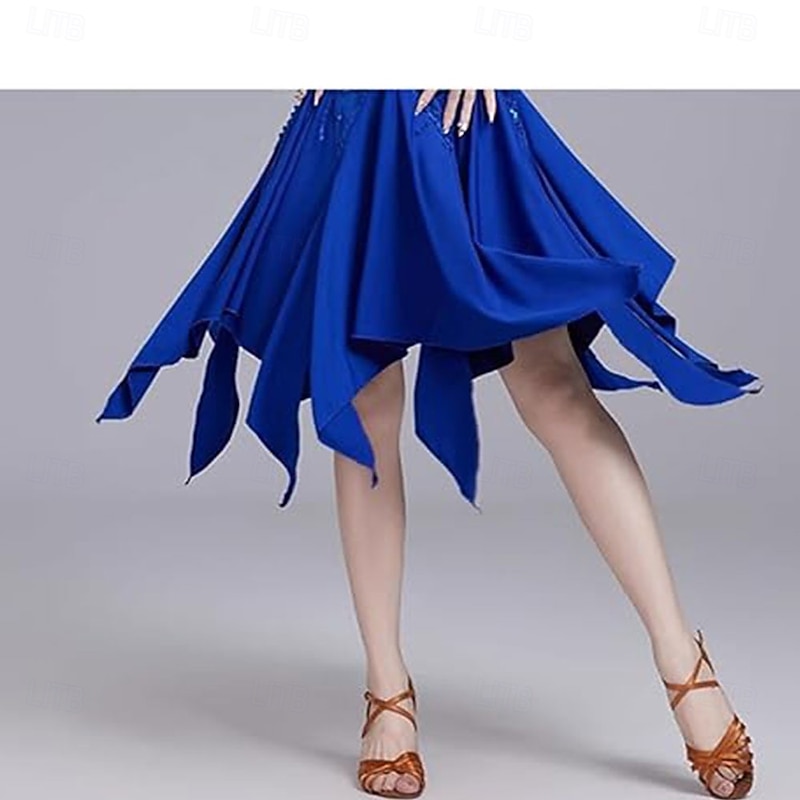 Women Fringe Latin Dance Competition Dress Mesh Long Sleeves Ballroom Waltz Cha Cha Salsa Practice Skirt Necklace3