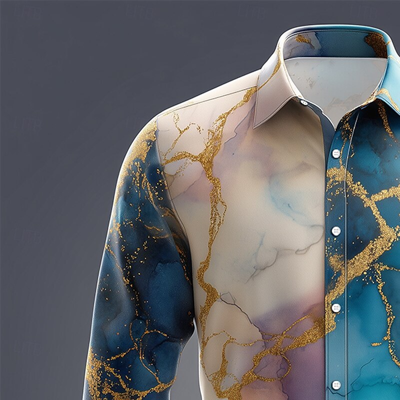 Men's Marble Abstract Liquid Art Shirt Button Up Shirt Long Sleeve Fashion Casual Outdoor Dailywear Spring Fall Turndown 3D Print Linen Like Shirt Blue+Khaki Blue Light Blue3