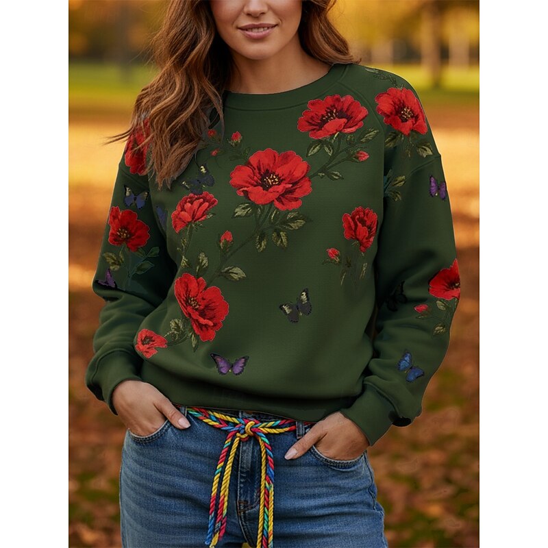 Women's Pullover Sweatshirts Floral Fashion Streetwear Classic Long Sleeve Crew Neck Round Neck Regular Tops Dailywear Casual Print Black Blue Green Spring Fall4