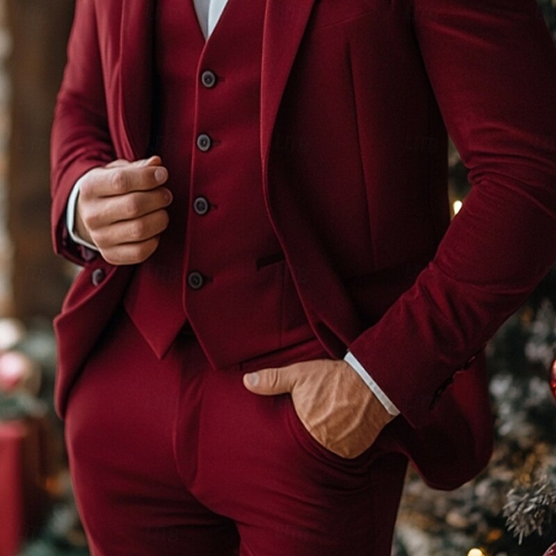 Men's Party Casual Party Suits Peaked Lapel Burgundy Christmas Daily Solid Colored Tailored Fit 3 Piece Single Breasted Two-buttons3