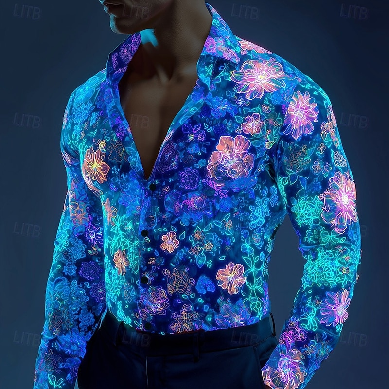 Men's Floral Print Neon Glow Flowers Shirt Button Up Shirt Casual Dress Shirt Long Sleeve Hawaiian Vacation Daily Streetwear Summer Spring Turndown 3D Print Collared Shirts Black Blue Orange Green4