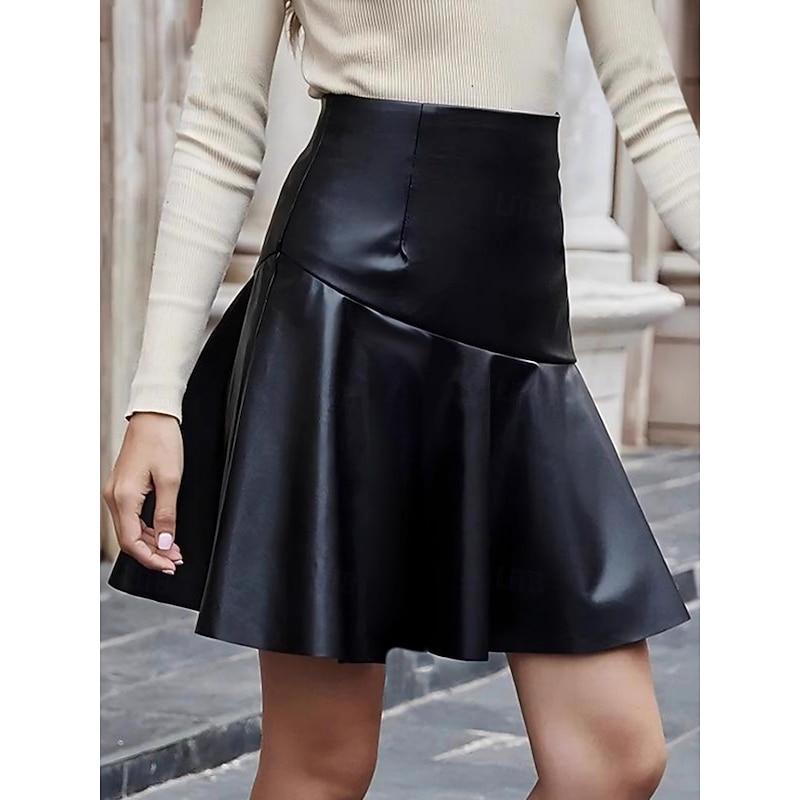 Women's Skirt A Line Fashion Casual Mini High Waist Skirts Plain Micro-elastic Street Daily Black Spring Faux Leather2