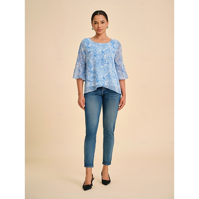 Women's Female Paisley Casual Sky Blue 3/4 Sleeve Elegant Casual Daily Crew Neck Summer Spring Fall4
