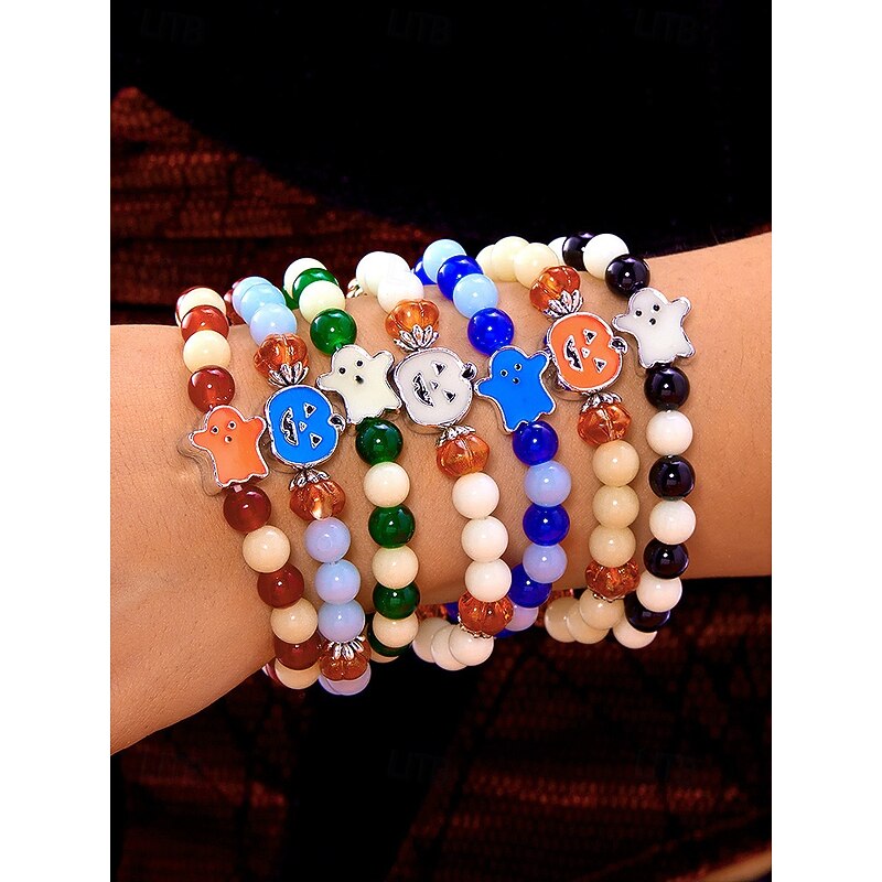 Women's Halloween Glow in the Dark Beaded Bracelet, Cute Ghost Pumpkin Elastic Jewelry for Costume Parties and Festivals2