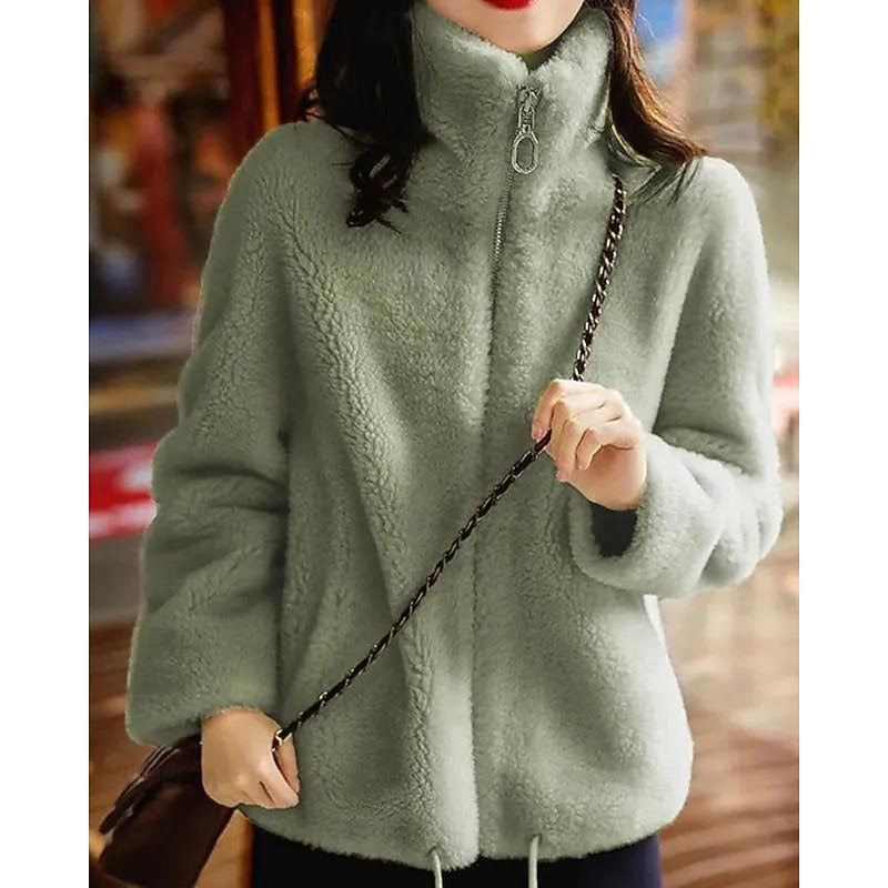 Women's Teddy Coat Jacket Warm Comfortable Zipper Pocket Casual Plain Vacation Daily Wear Going out Weekend Regular Hoodie Regular Fit Long Sleeve Outerwear Green Fall Winter