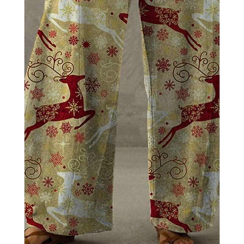 Women's Wide Leg Pants Trousers Vacation Vintage Ethnic Style Full Length High WaistPantsChristmas Reindeer Pocket Elastic Waistband Print Comfy Breathability Inelastic Vacation Casual Daily Khaki3