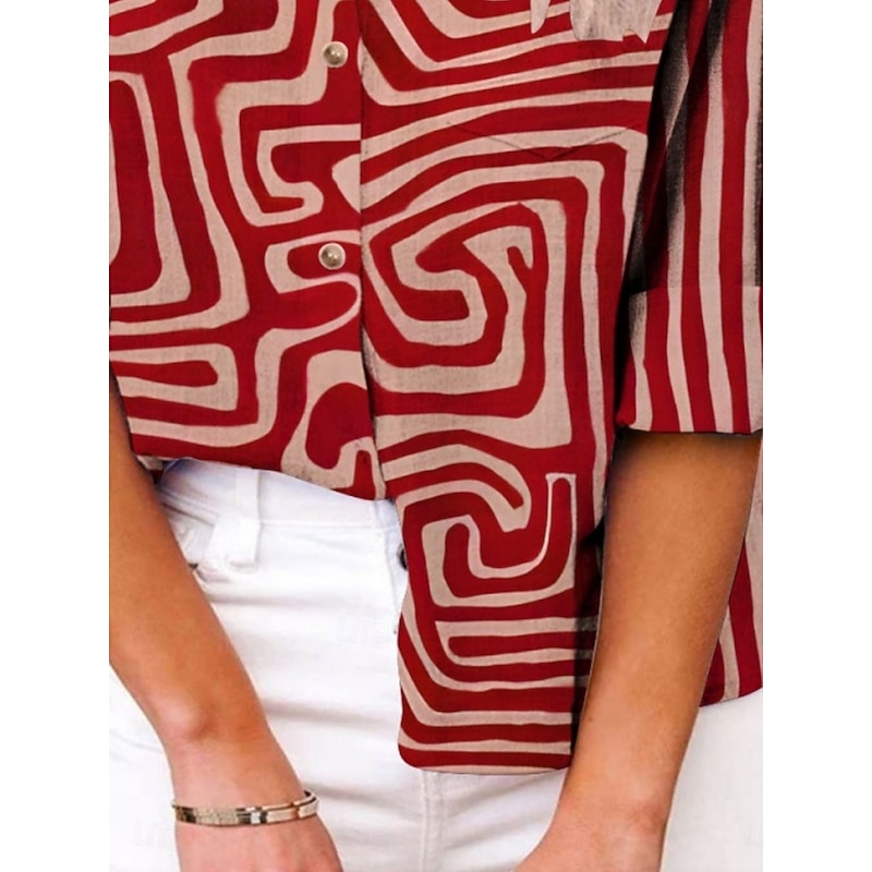 Women's Shirt Geometric Active Daily Stylish Long Sleeve Shirt Collar Regular Tops Daily Holiday Buttons Print Red Summer Spring Fall3