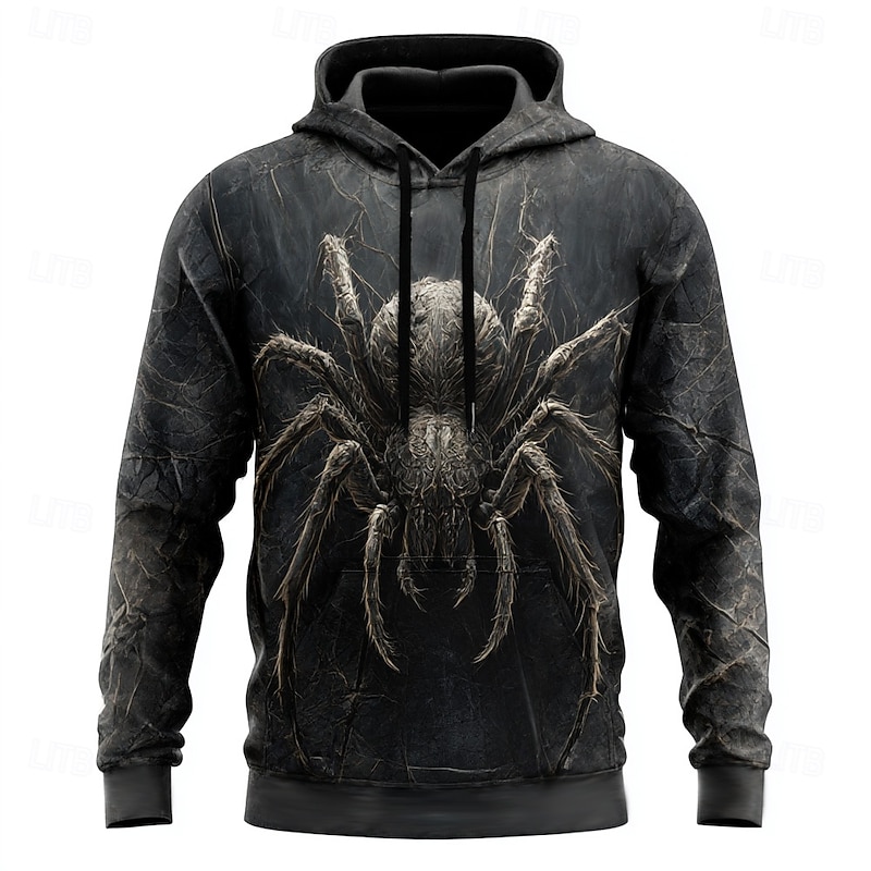 Halloween Men's Spider 3D Hoodie Sweatshirt Punk Exaggerated Crew Neck Club Streetwear Black 1 Black Drawstring Fall Winter Designer3