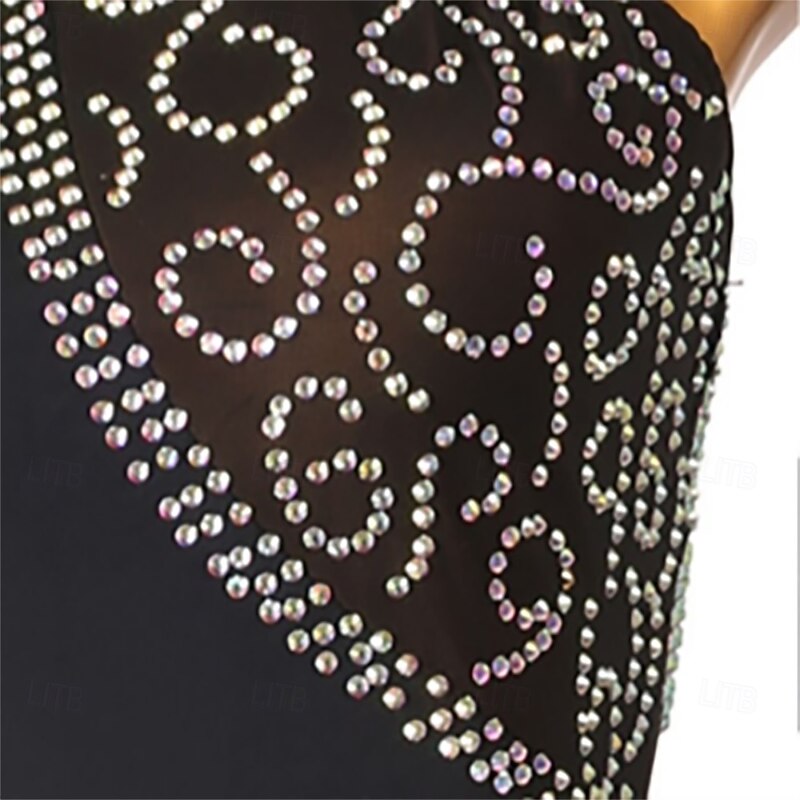 Women's Black Latin Dance Dress with Rhinestone Embellishments, Halter Neck, and Flared Skirt – Ideal for Salsa, Tango, and Performance Wea4