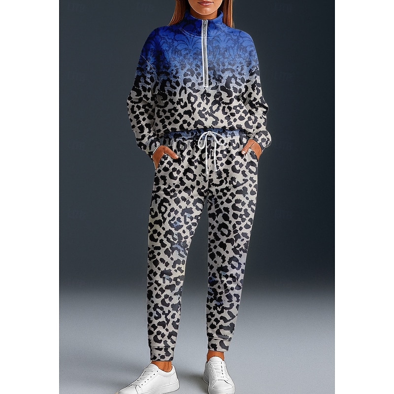 Women's Sweatshirt Tracksuit 2 Piece Tracksuit Baggy Leopard Clothing Suit Fall Royal Blue Vocation Outdoor Travel Lightweight Fashion Long Sleeve Sport Activewear Micro-elastic Regular Fit3