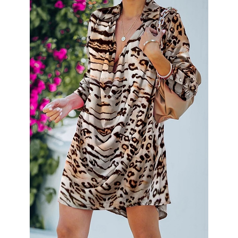 Women's Mini Dress Shift Dress Casual Daily Loose Fit Ombre Leopard Long Sleeve Boat Neck Pink Brown Spring Fall