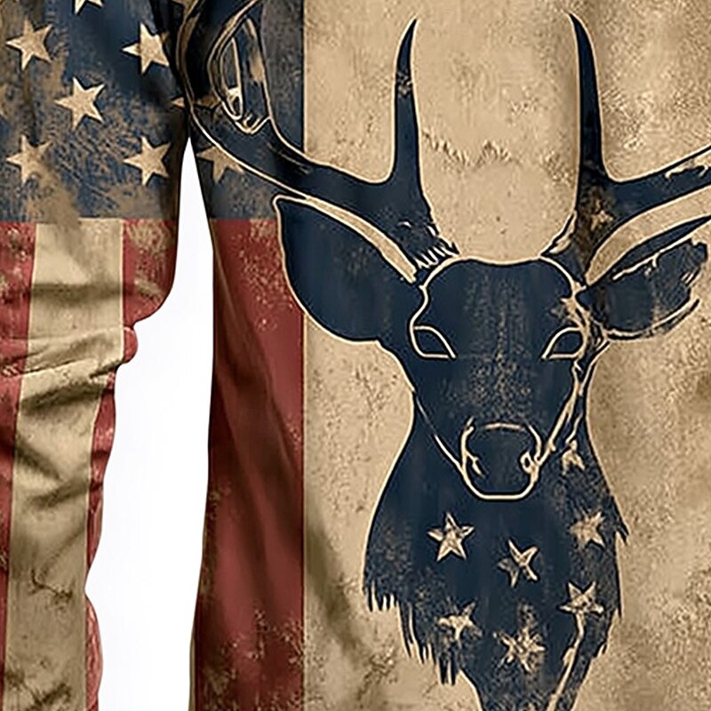 Men's Reindeer American US Flag Shirt Button Up Shirt Long Sleeve Vintage Retro Outdoor Camping & Hiking Hunting Spring Fall Turndown 3D Print Linen Like Shirt Khaki3