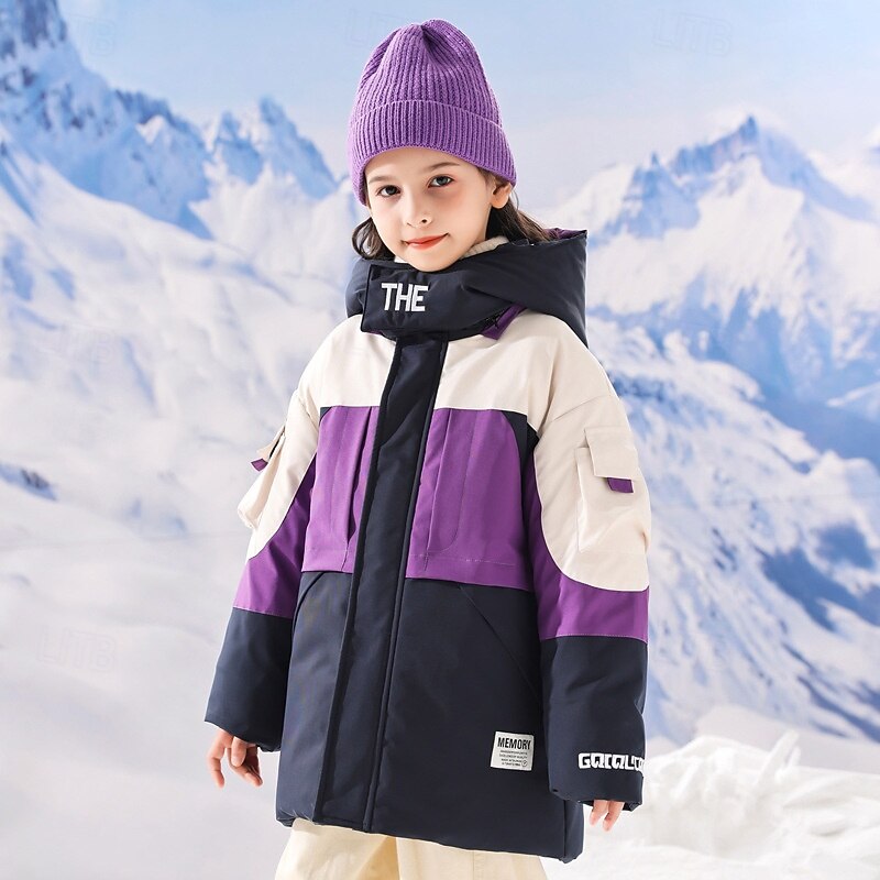 Kids Girls' Down Jacket Outdoor Jacket Puffer Jacket Color Block Fashion Keep Warm Windproof Outdoor Coat Outerwear 4-12 Years Fall Red Purple Green2