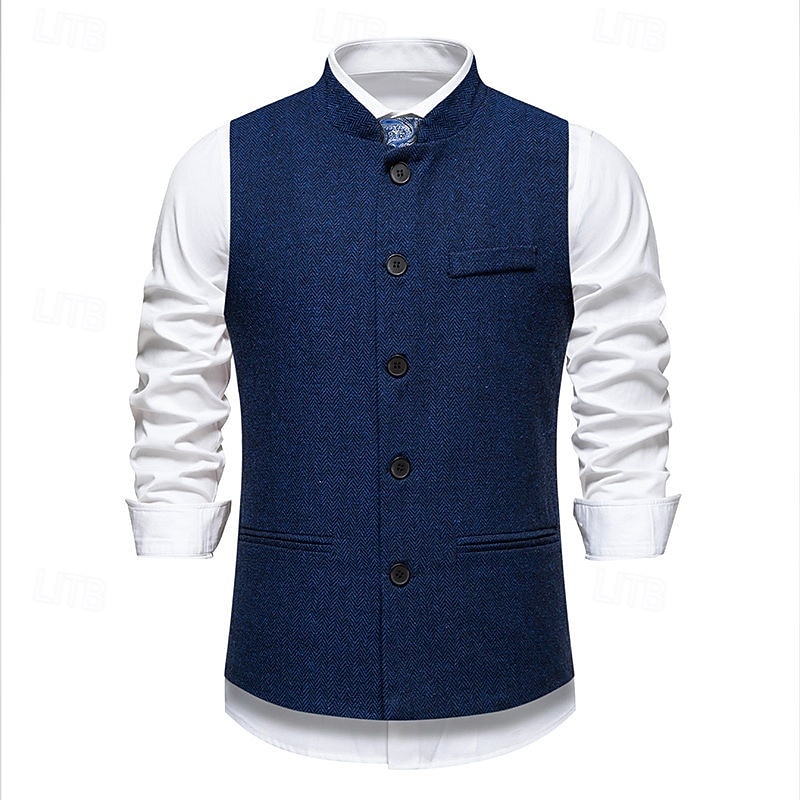 Men's Vest Waistcoat Gilet Vacation Party Business Fashion Casual Spring Fall Pocket Buttons Polyester Comfortable Plaid Stripes Single Breasted One-button Stand Collar Regular Fit Wine Navy Blue2