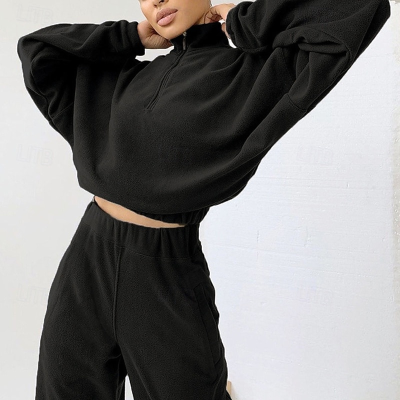 Women's Fashion Streetwear Pants Sets Bolero Top Sweatshirt Long Sleeve Stand Collar Solid Color Zipper Outdoor Work Casual Black Spring Regular Fit