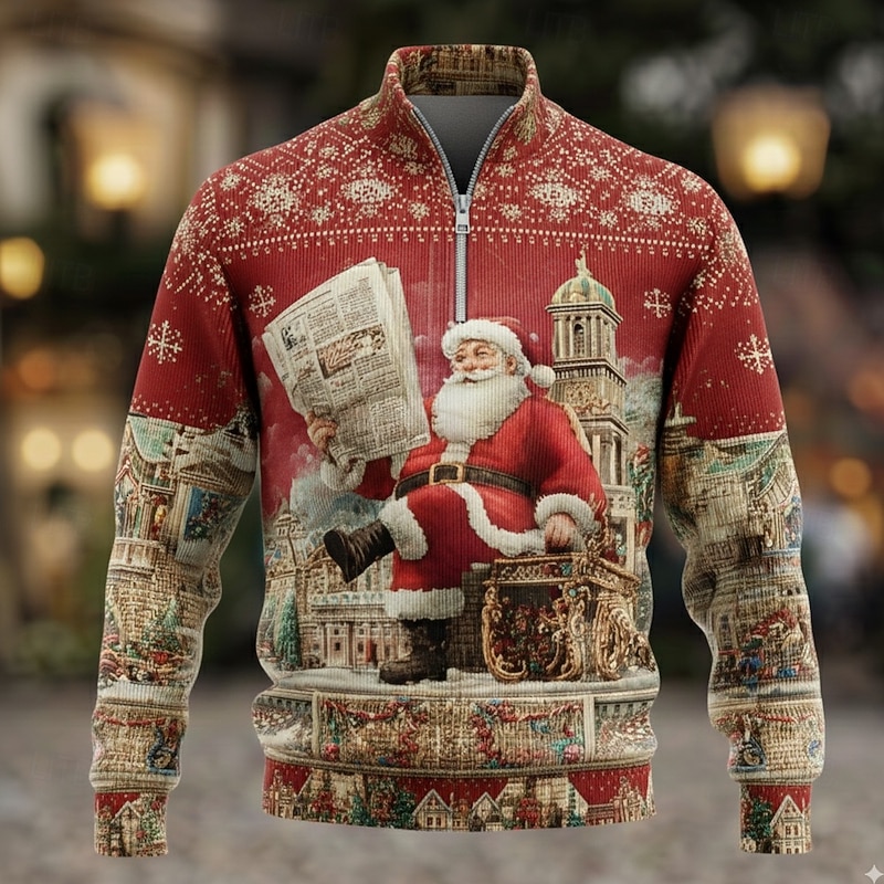 Christmas Men's Santa Claus Polo Long Sleeve Polo Shirts Grandad Collar Casual Holiday Daily Wear Festival Outfit 3D Print Quarter Zip Polo Spring Fall Winter Black Red Blue