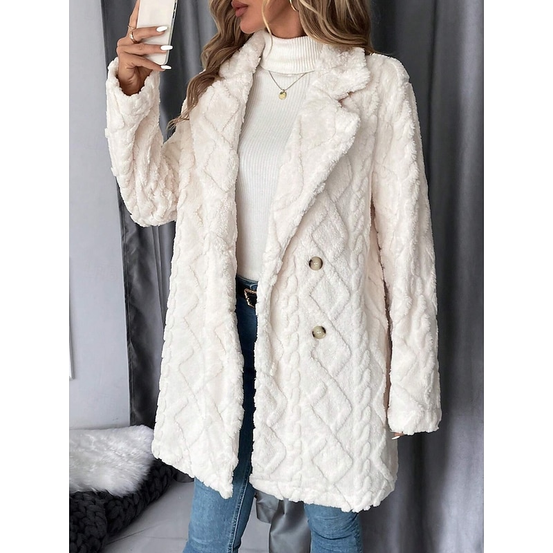 Women's Sherpa Jacket Comfortable Breathable Buttons Casual Plain Vacation Street Casual Daily Wear Double Breasted Long Turndown Regular Fit Long Sleeve Outerwear White Spring Fall4