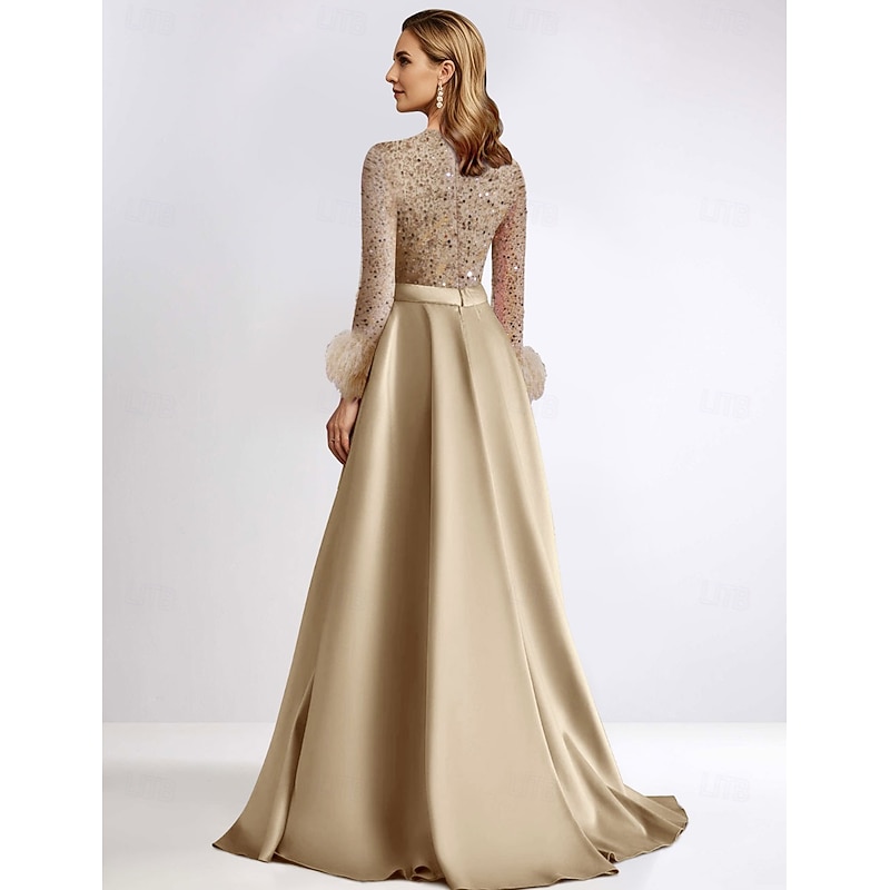 A-Line Evening Gown Elegant Dress Formal Floor Length Long Sleeve V NeckMother Of the Bride Dress Sequined with Feather Glitter2