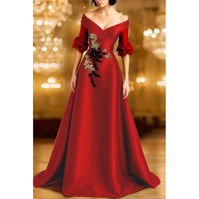 Black Red A-Line Evening Gown Elegant Formal Dress Formal Wedding Floor Length Long Sleeve Off Shoulder Satin with Glitter Sequin 20254