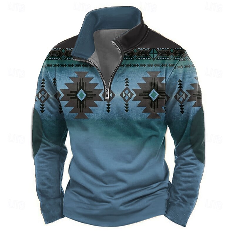 Men's Aztec Sweatshirt Ethnic Vintage Retro High Neck Outdoor Sports Outdoor Blue Dark Green Zipper Quarter Zip Fall Winter Designer4