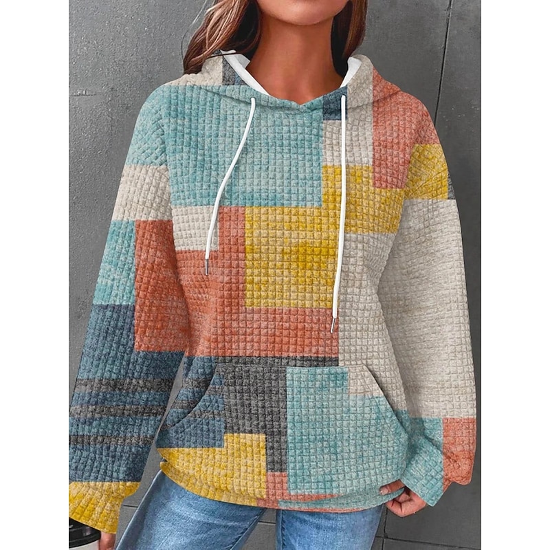 Women's Pullover Hoodie Sweatshirt Plaid Casual Long Sleeve Hooded Regular Tops Street Dailywear Pocket Print Yellow Blue Dark Gray Gray Fall Winter