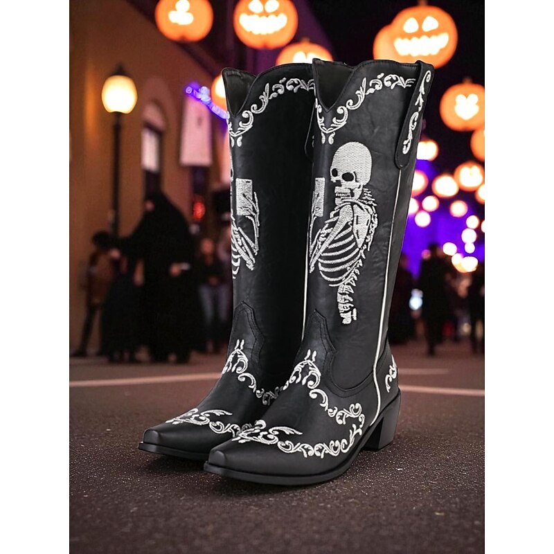 Women's Halloween Skeleton Embroidered Cowboy Boots – Gothic Western Tall Boots for Costume Parties, Spooky Festivals and Nighttime Street Style4