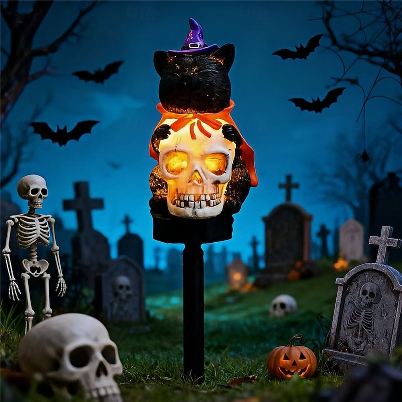 Solar Halloween Stake Light Waterproof Skull Pathway Light Black Cat Decoration Solar Powered Landscape Lighting For Garden  1PC2