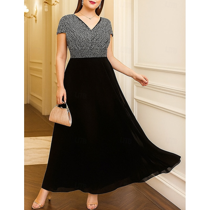 A-Line Mother of the Bride Dress Black Dress Plus Size Sparkle & Shine V Neck Ankle Length Sequined Polyester Short Sleeve with Color Block