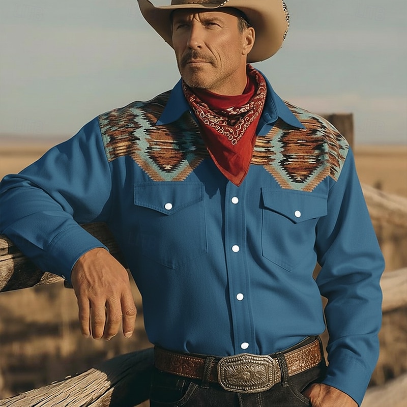 Men's Aztec Geometric Pattern Ethnic Shirt Western Shirt Cowboy Shirt Long Sleeve Vintage Retro Outdoor Casual WorkWear Spring Fall Turndown Front Two Pockets Linen Like Shirt Button Up Shirts Blue2