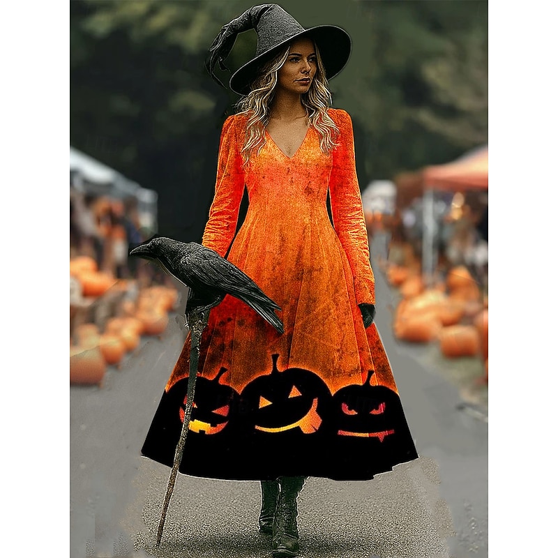 Halloween Women's Witch Print Midi Dress A Line Dress Vacation Casual Wedding Party Birthday Regular Fit Graphic 3/4 Length Sleeve V Neck Pink Blue Orange Spring Fall2