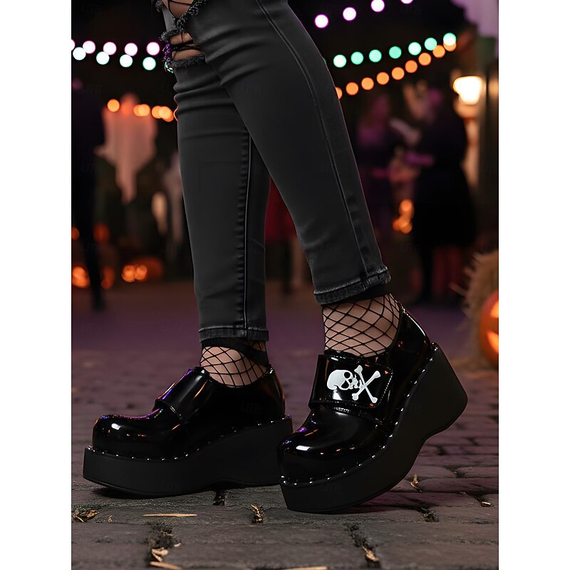 Women's Black Halloween Skull Print Platform Loafers – Shiny Patent Faux Leather Goth Shoes for Night Parties and Streetwear Looks2