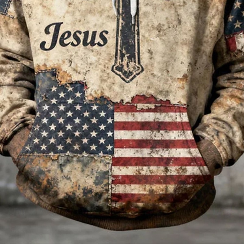 Men's American Flag Jesus Hoodie Fashion Daily Hooded Vacation Party Streetwear Khaki Printing Fall Winter Designer3
